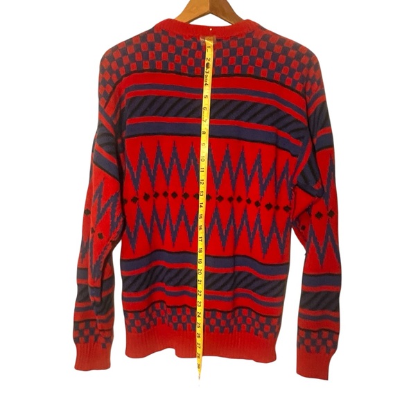 Vtg 80s Streetwear Mens L Knit Sweater Red Blue Purple Crewneck Geometric Print - Picture 6 of 11